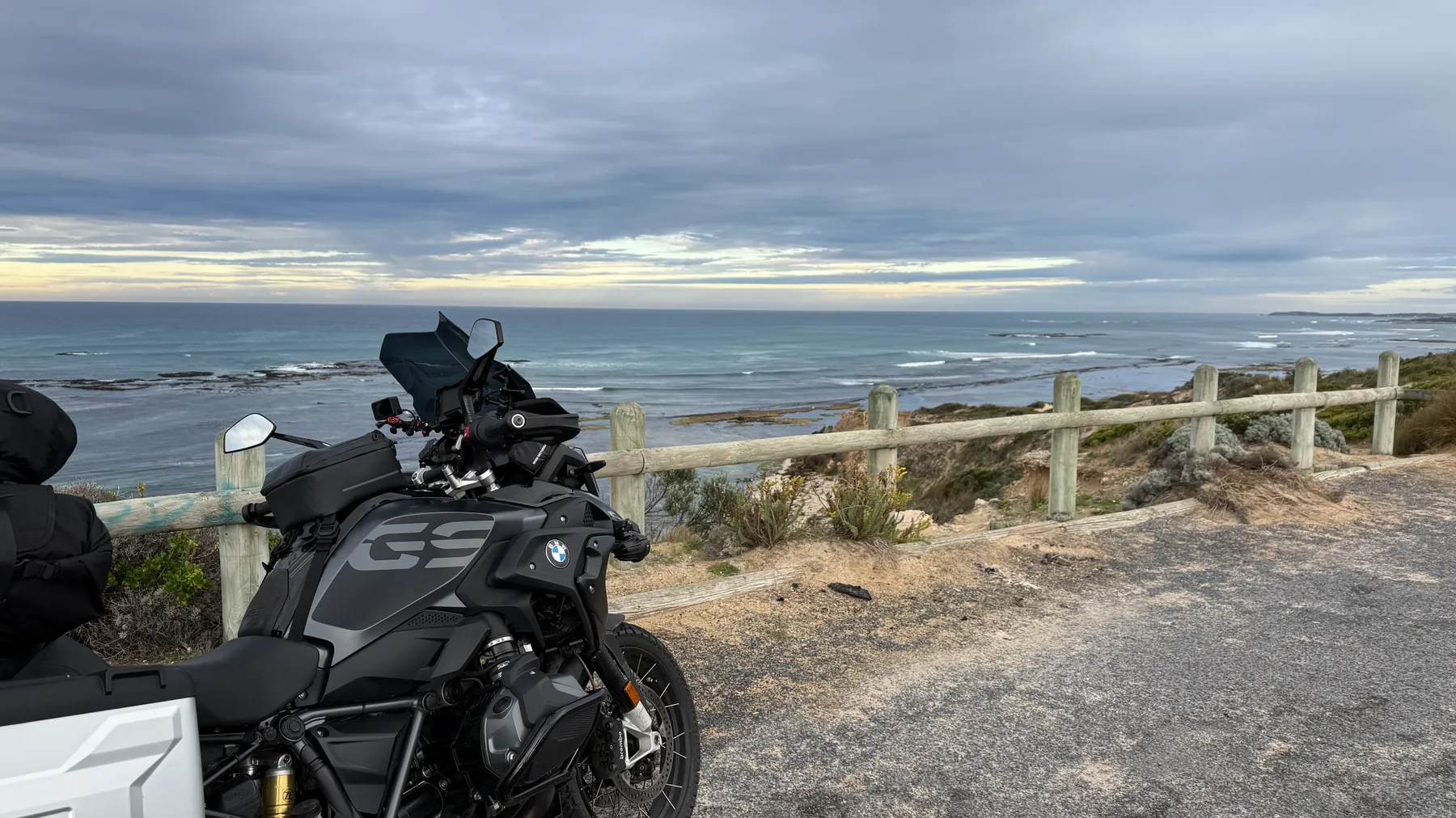 Loaded BMW R1250GS beside the ocean